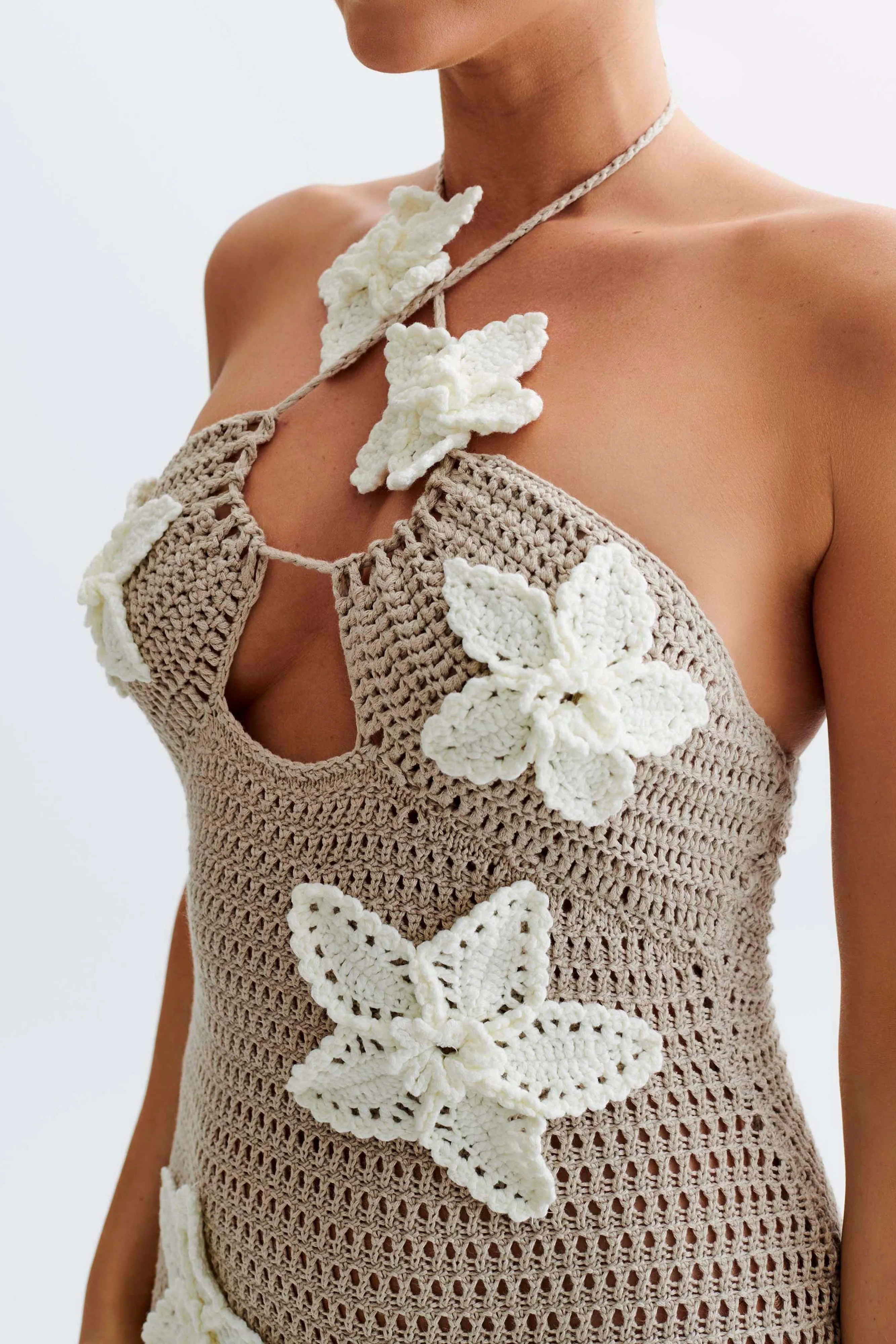 Kyla Floral Crochet Maxi Dress  - Taupe/White | MESHKI US