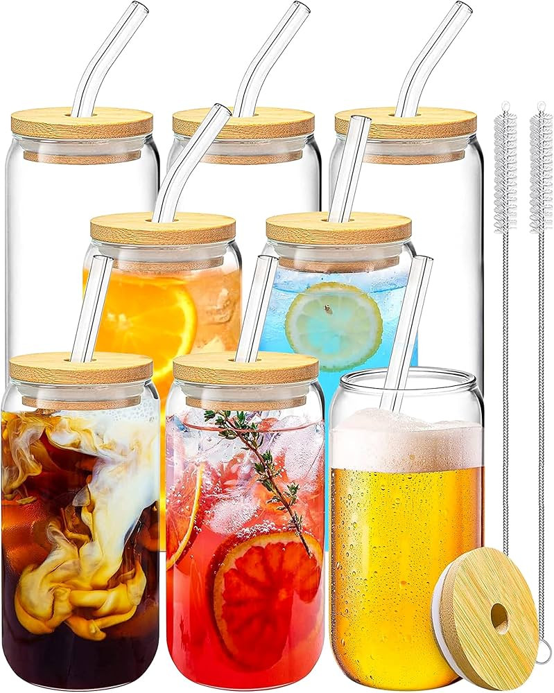 Drinking Glasses with Bamboo Lids and Glass Straw 8PCS Set, 16oz Glass Cups with Lids and Straws,... | Amazon (US)