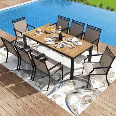 9-Piece Outdoor Patio Furniture w/ Large Wooden Tabletop & Umbrella Hole | Wayfair North America
