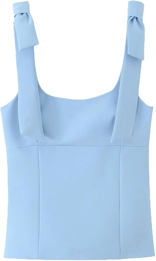 Women Sexy Square Neck Tie Shoulder Crop Tank Summer Solid Sleeveless Zipper Side Tie Strap Going... | Amazon (US)