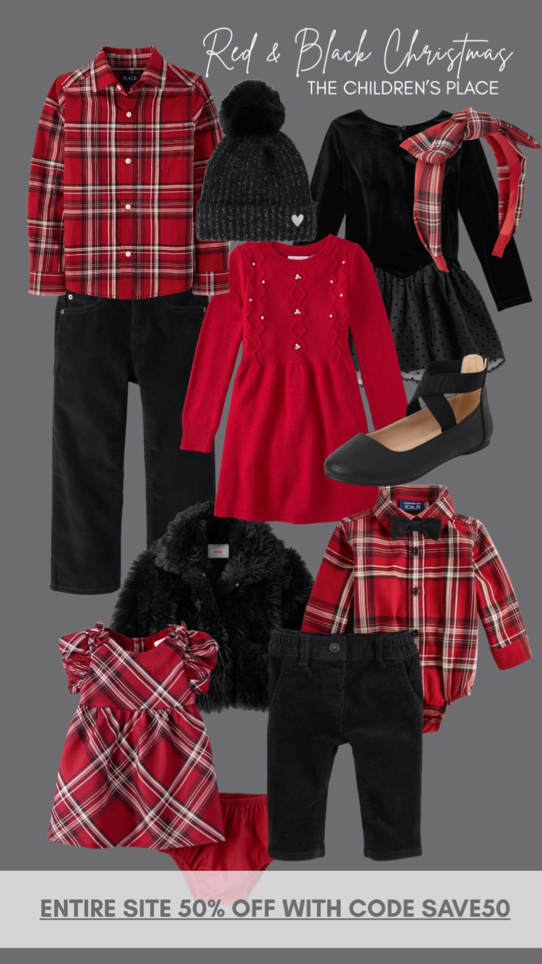 Red & Black Christmas Looks from The Children's Place! ❤️🖤 Get the perfect matching family outfits! Shop plaid shirts, velvet dresses, tutu skirts, and corduroy pants. Entire site 50% OFF with code SAVE50. Today only!  Extra 10% off from LTK app!

#12daysofltk #thechildrensplace #christmasoutfit #redandblack #holidayplaid #boysfashion #girlsstyle @childrensplace

#LTKHoliday #LTKKids #LTKSaleAlert