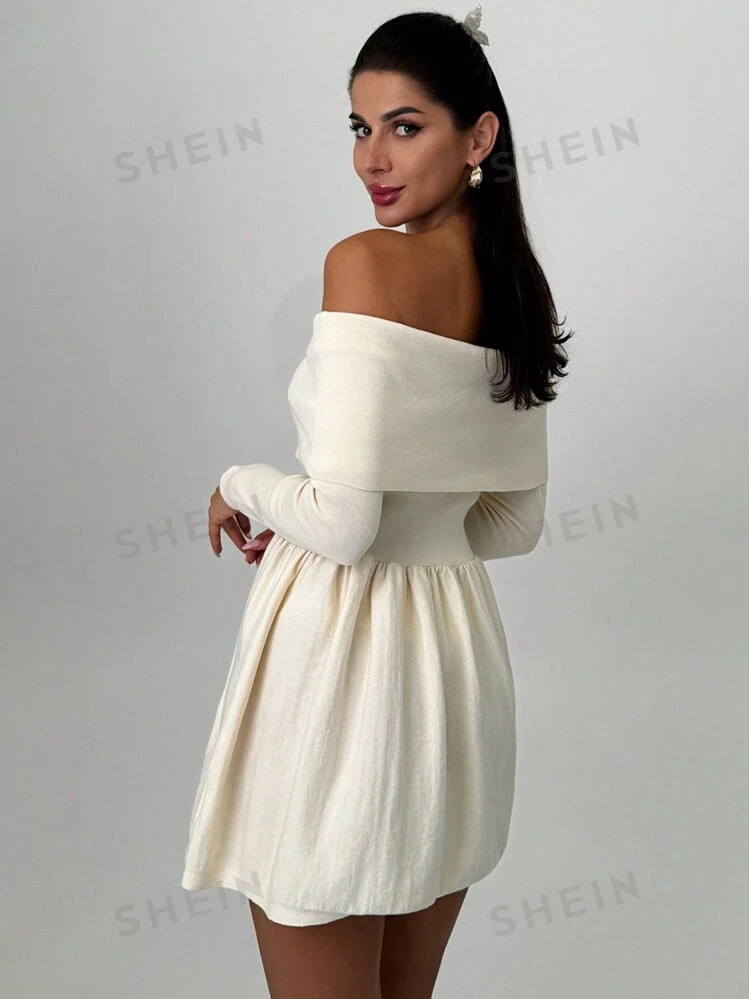 SHEIN Privé Women's Chic Elegant Off Shoulder Long Sleeve A-Line Short Knitted Sweater Dress, Au... | SHEIN