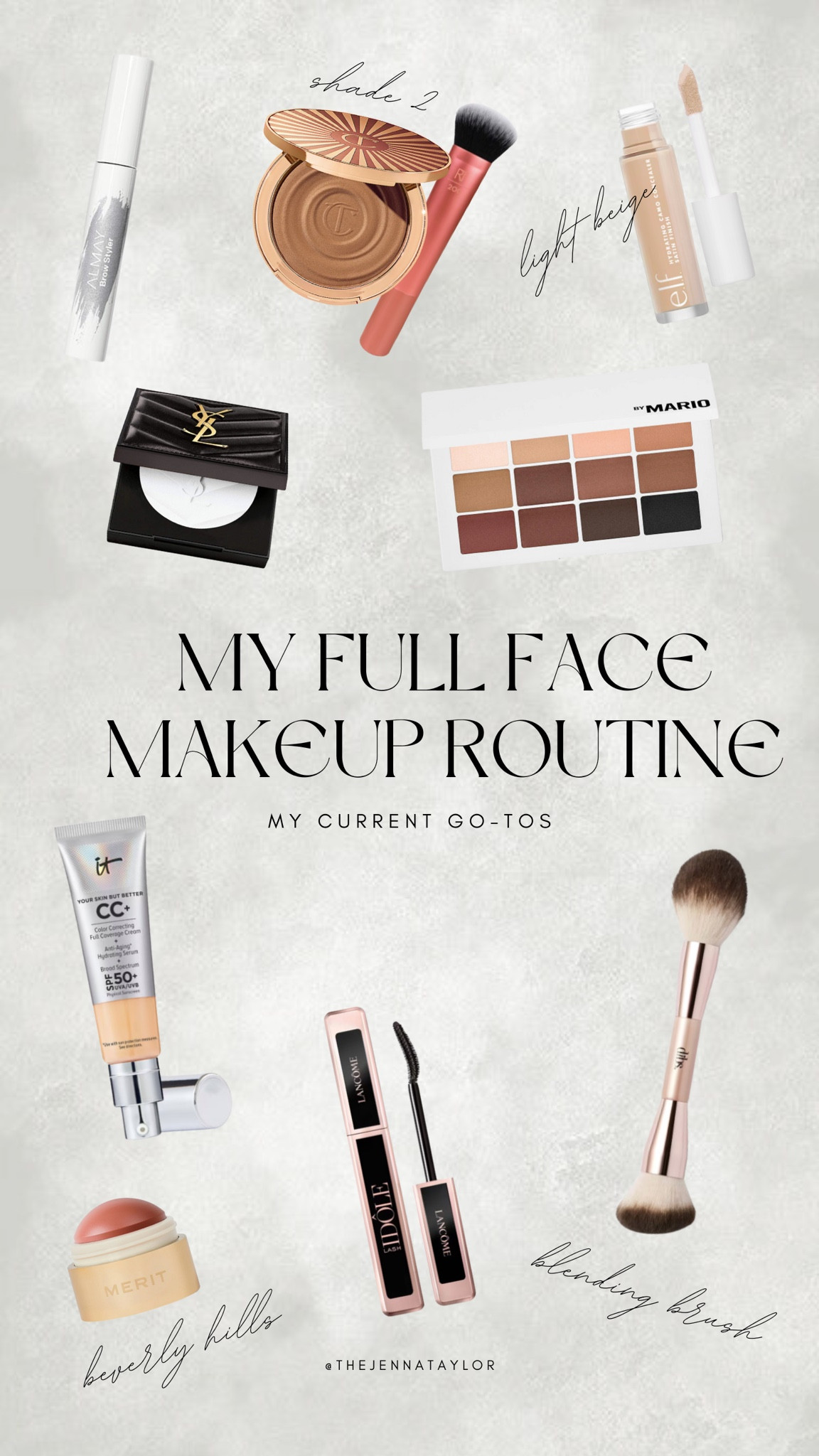My full face makeup routine minus lips

These are all of my go to products I’ve been using currently including brushes!