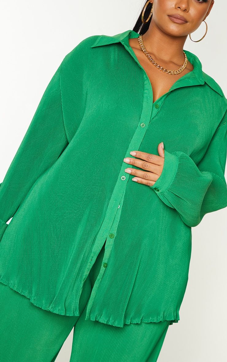 Plus Bright Green Plisse Button Front Oversized Shirt | PrettyLittleThing US