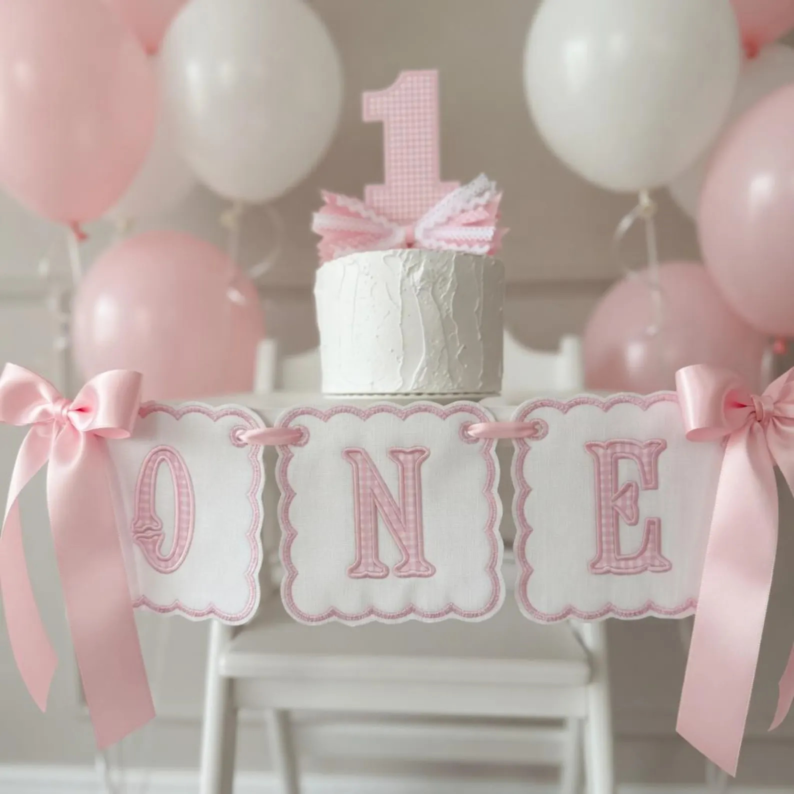 First Birthday High Chair Banner, Embroidered ONE Banner, Gingham Fabric Birthday Decor, Cake Sma... | Etsy (Global)