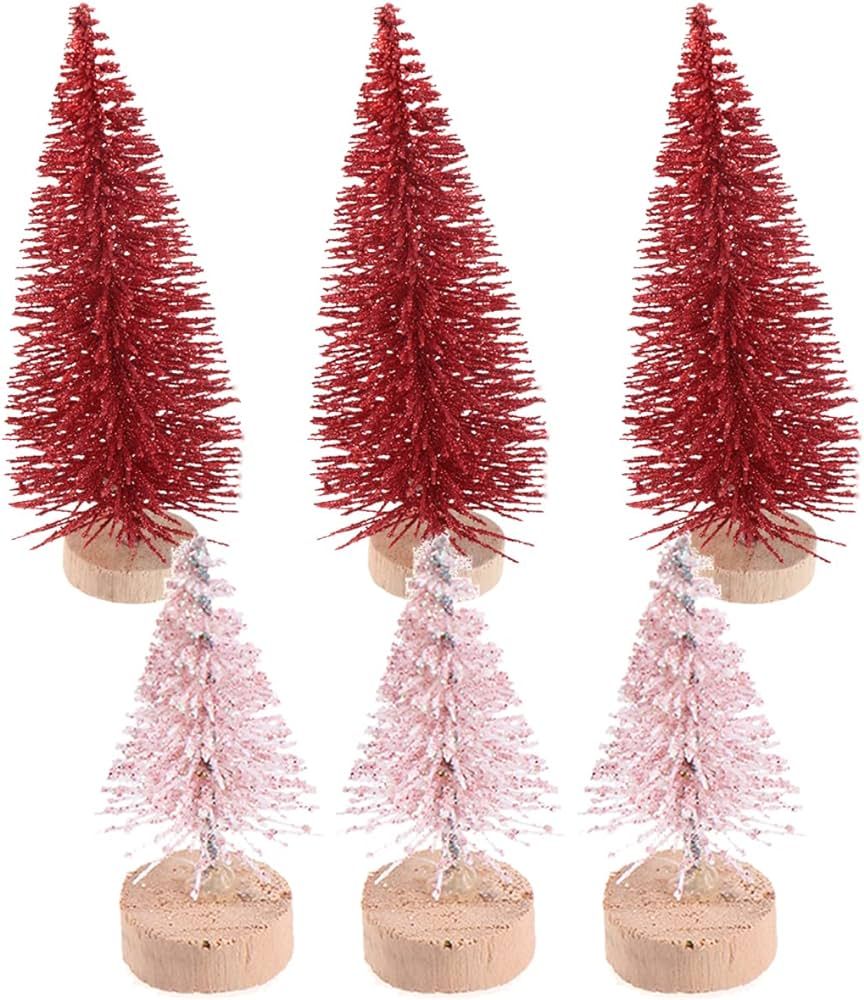 6 Pcs Mini Christmas Tree Bottle Brush Christmas Trees Artificial Sisal Tabletop Sisal with Wood ... | Amazon (US)