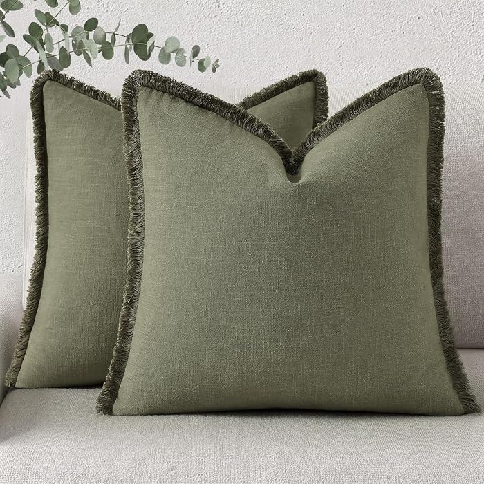decorUhome Summer Decorative Neutral Linen Fringe Throw Pillow Covers Set of 2 Olive Green Pillow Covers with Tassels Soft Farmhouse Boho Accent Pillow Cases for Couch Bed Sofa 18x18 Inch | Amazon (US)