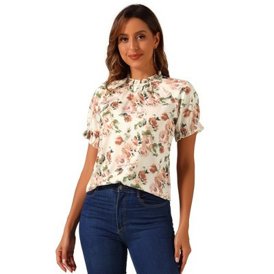 INSPIRE CHIC Women's Ruffled Short Sleeve Floral Mock Neck Summer Top Beige-Floral X-Small | Target