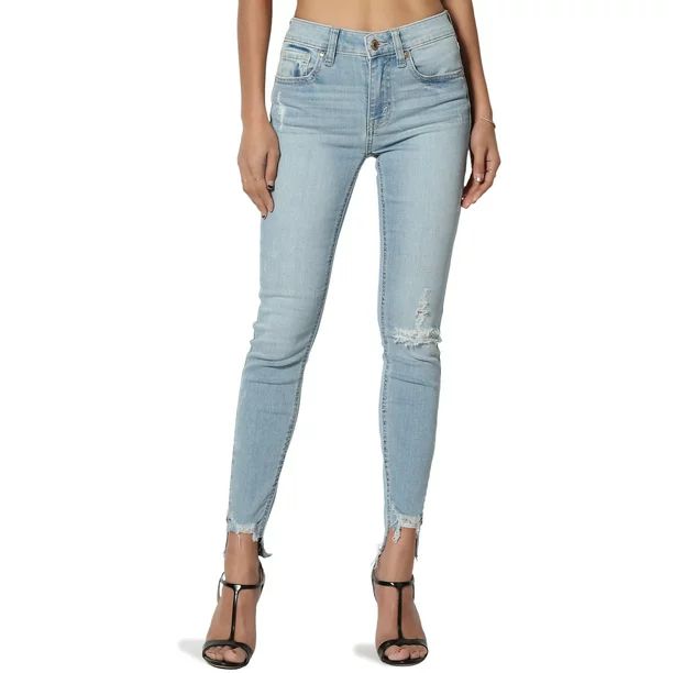 TheMogan Women's Distressed Mid Rise Zip Raw Edge Step Hem Cropped Skinny Jeans - Walmart.com | Walmart (US)