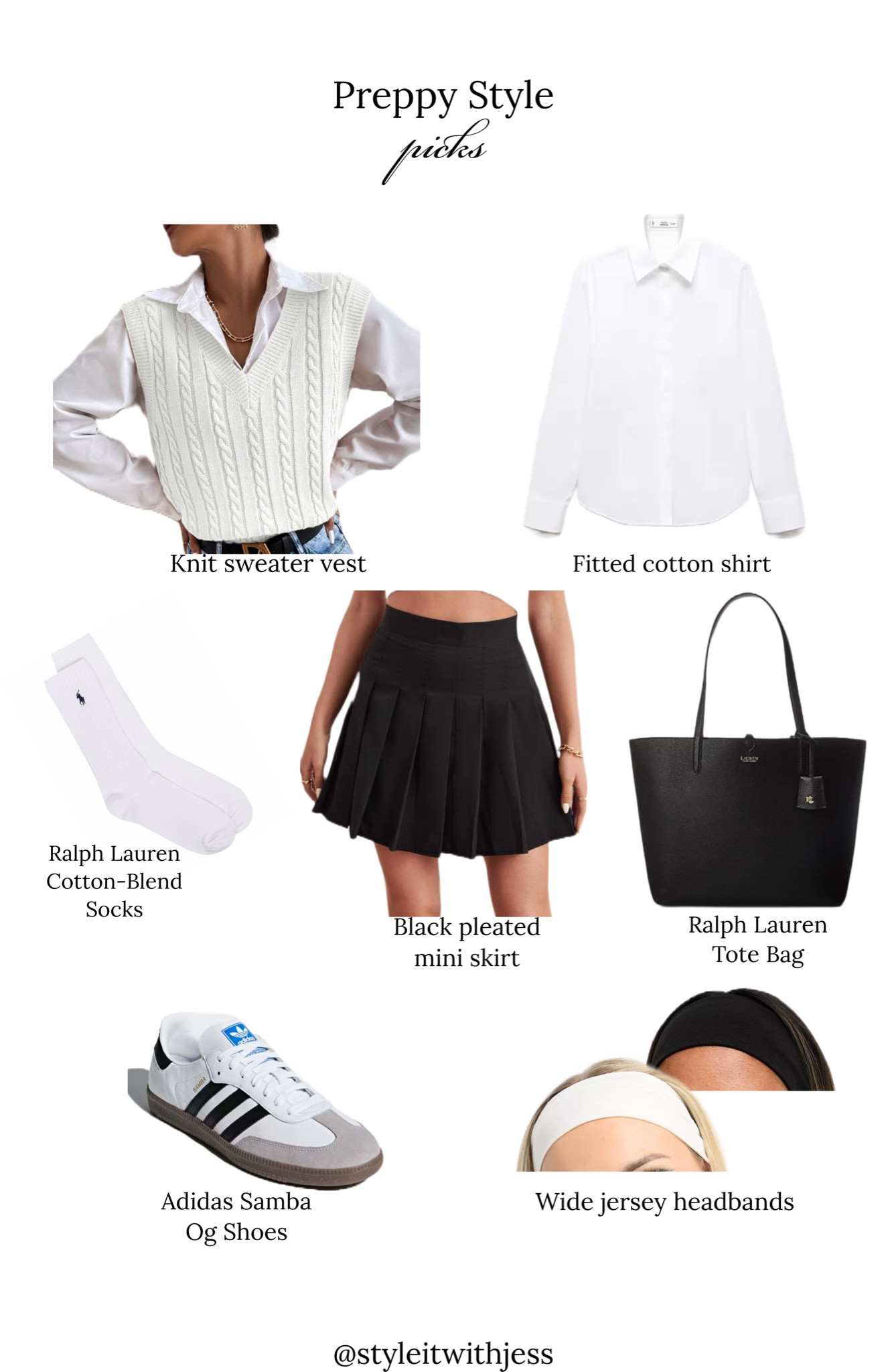 Preppy Style outfit inspo and favorites 🤍

Kable Knit Sweater Vest in white, Black Pleated Mini Skirt, Adidas Samba Og Shoes, Fitted Cotton Shirt, Ralph Lauren cotton blend socks, Ralph Lauren Tote Bag, Wide jersey headbands

#LTKstyletip #LTKover40 #LTKMostLoved