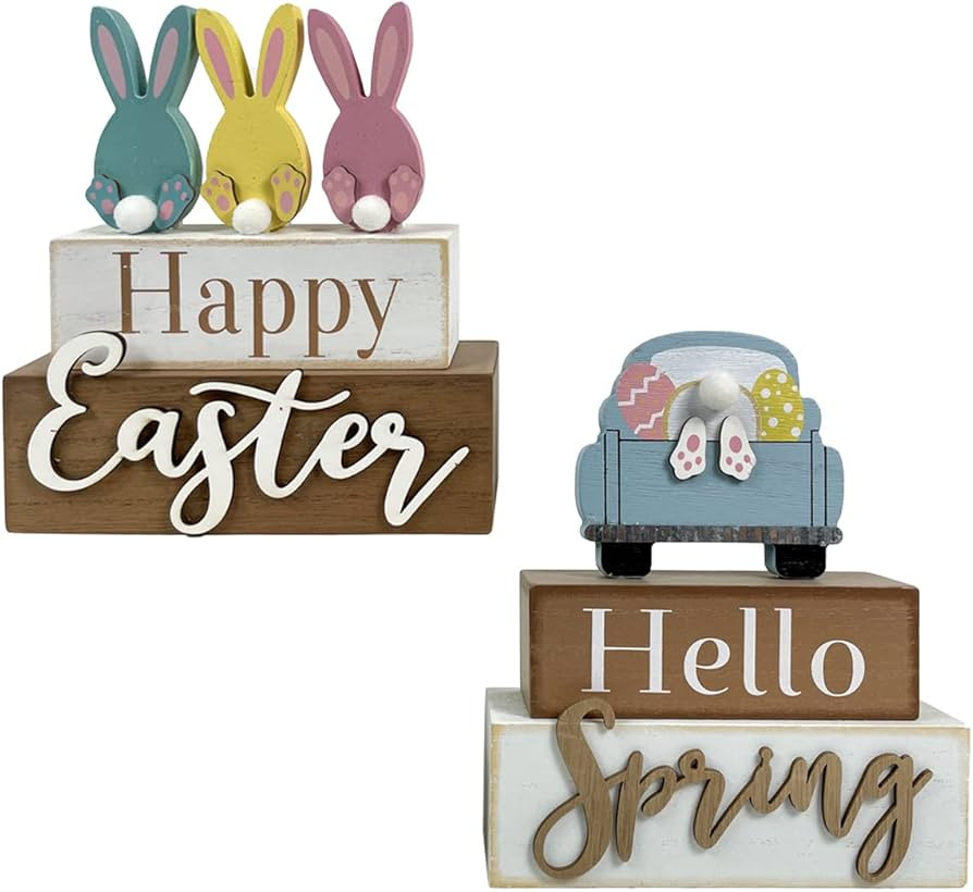 2 Pack Happy Easter Decorations Rabbit Truck Décor Spring Rustic Wooden Block Vintage Funny Bunn... | Amazon (US)