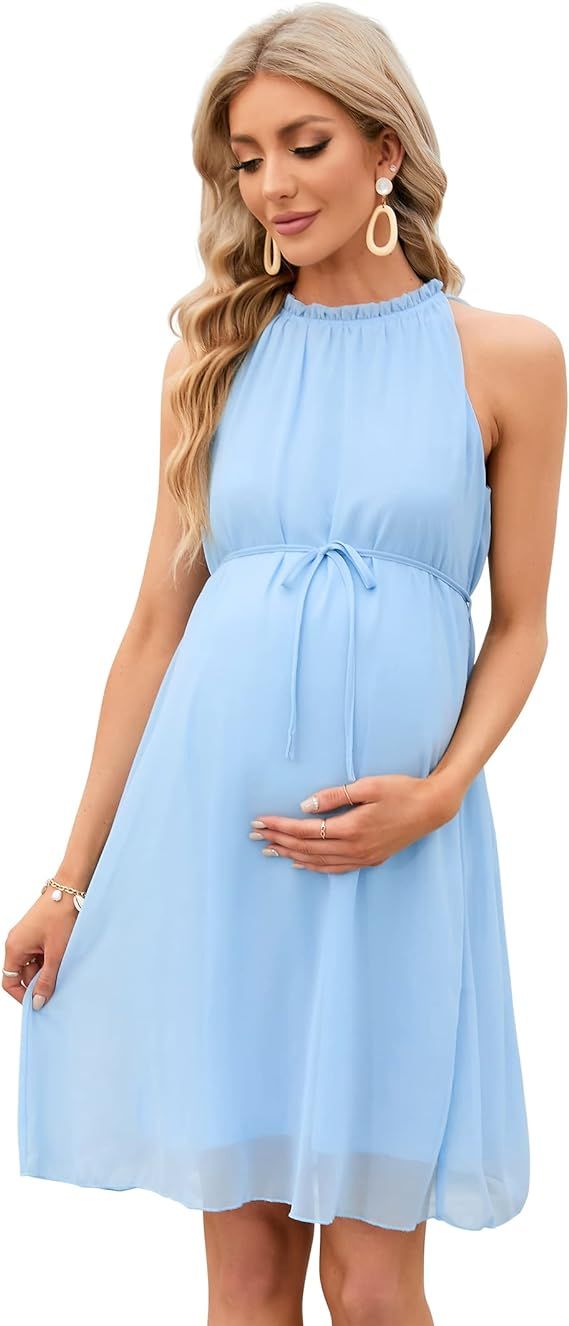 KOJOOIN Maternity Ruffle Halter Neck Dress Summer Casual Boho Sleeveless High Waisted Flowy Midi ... | Amazon (US)