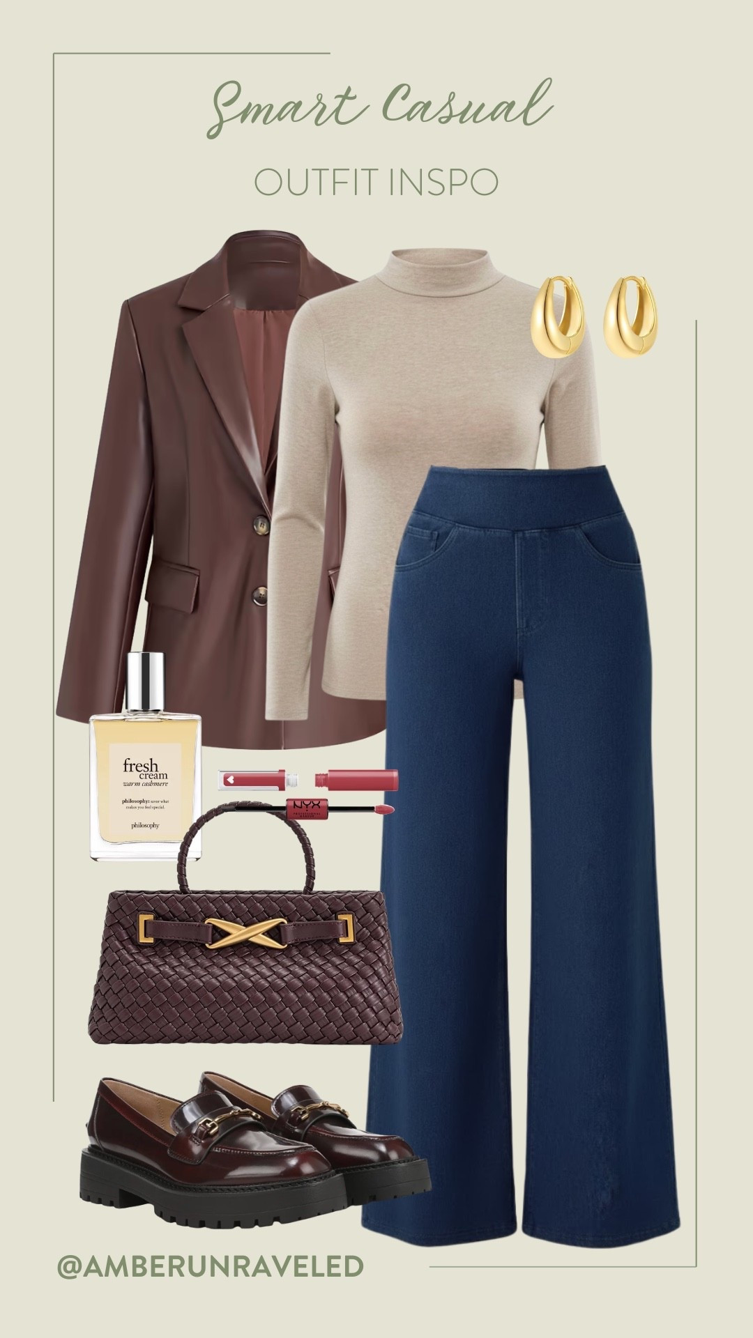 You can look super polished without sacrificing comfort thanks to this smart casual inspo! Try pairing those wide-leg jeans and a simple turtleneck with a fitted leather blazer and chunky loafers.

work outfit, office look, business casual, it girl style, elevated basics, wardrobe refresh, city stroll outfit, weekend vibes, halara

#LTKSeasonal #LTKFindsUnder100 #LTKU