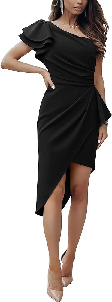 BTFBM Women 2024 Summer Fashion Elegant One Shoulder Cocktail Dress Ruffle Sleeve Wrap Ruched Bod... | Amazon (US)