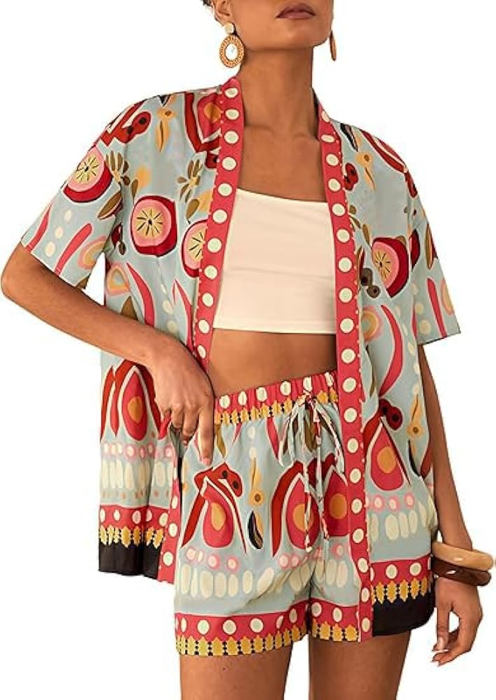 Women Boho Tropical Print Beach Cover Up Shorts Set 2 Piece Summer Lounge Outfit Lightweight Swim... | Amazon (US)