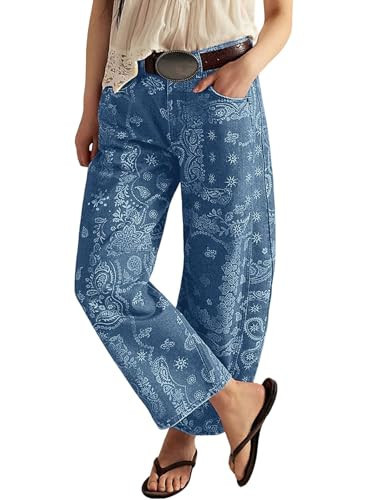 loveimgs Women Boyfriend Baggy Barrel Jeans Floral Print Denim Ankle Pants Wide Leg Mid Rise Jeans Sweatpants Y2k Patchwork (Small,Blue) | Amazon (US)