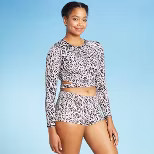 Women's Long Sleeve Crewneck Tie Back Cropped Rash Guard - All in Motion™ Cream Animal Print | Target