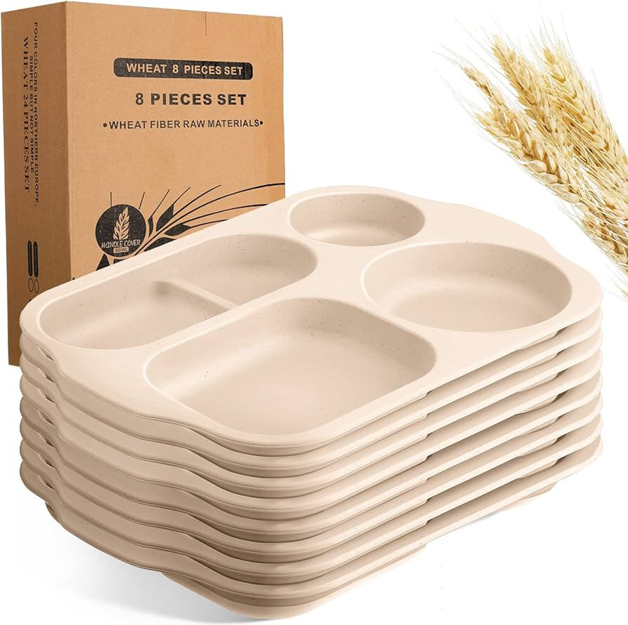 Tanlade 8 Pcs Large Unbreakable Divided Plates 12 Inch Wheat Straw Food Tray 5 Compartment Food P... | Amazon (US)