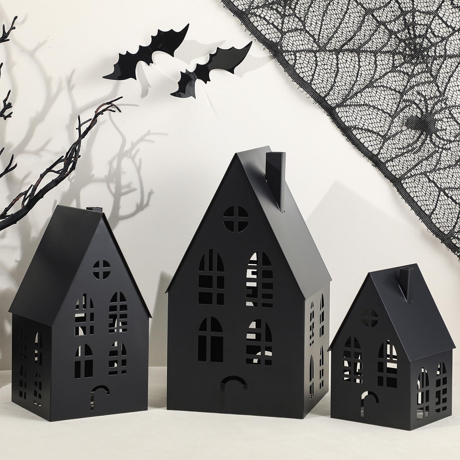 Halloween Village Black Metal Houses Tabletop Decor Set of 3 Metal Pre-lit Halloween Haunted Hous... | Amazon (US)