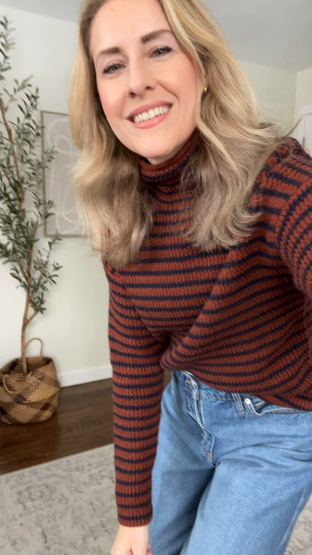 This Walmart sweater is beautiful, looks expensive, love the navy and brown. Just runs small and the head hole is a bit tight, so I sized up to a medium. Jeans run big so go down a size. 

#LTKOver40