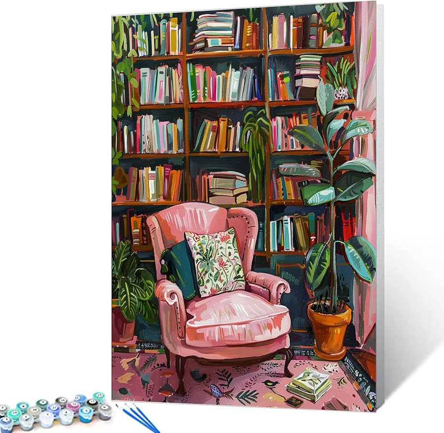 Bookshelf Book Theme Pink Library Paint by Numbers Kits for Adult Vintage Paint by Numbers Boho P... | Amazon (US)
