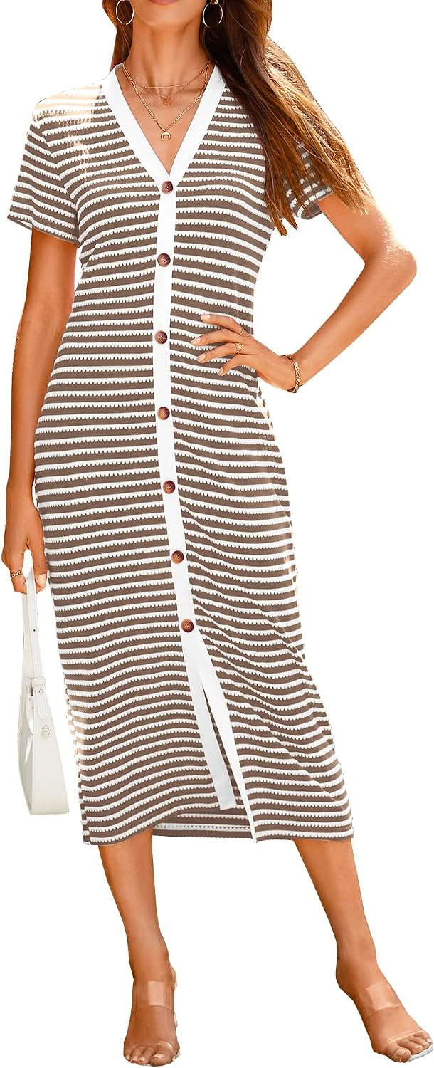 BTFBM Women Casual Summer Dresses Short Sleeve Striped Midi Dresses | Amazon (US)