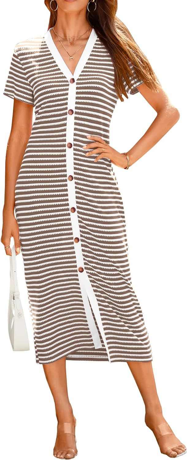 BTFBM Women Casual Summer Dresses Short Sleeve Striped Midi Dresses Decorative Button Ribbed Knit... | Amazon (US)