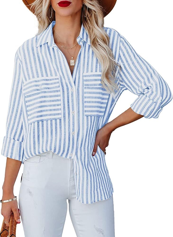 Yanekop Womens Striped Button Down Poplin Shirts Long Sleeve Tops Casual V Neck Blouses with Pockets | Amazon (US)