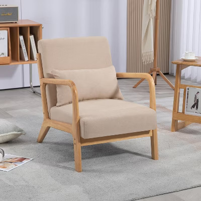 Airsurfer Modern Accent Armchair with Solid Wood Frame, Beige Upholstered Chair with Cushion, Mid-Century Fabric Arm Chair for Living Room or Bedroom | Target