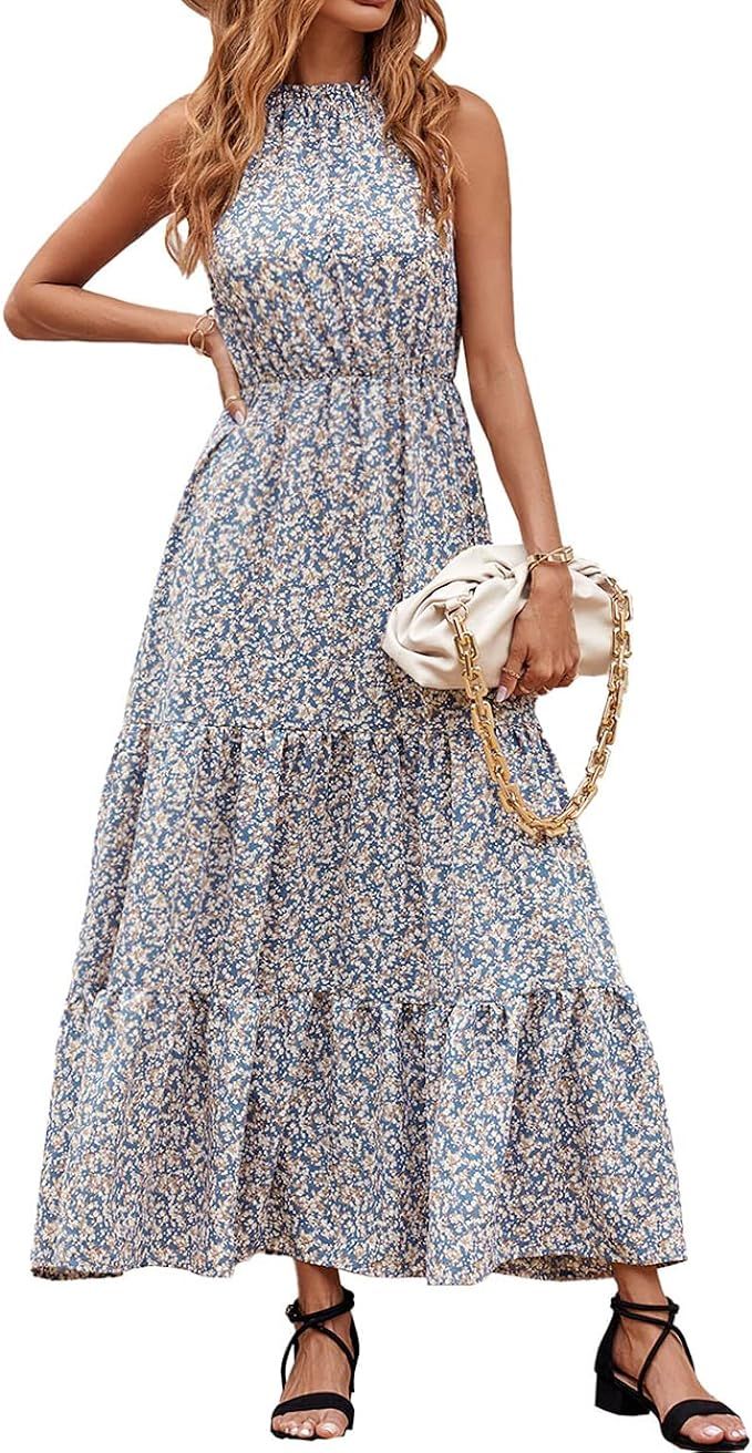dowerme Women’s Casual Halter Neck Sleeveless Boho Floral Maxi Dress Ruffle Tiered Swing Sundre... | Amazon (US)