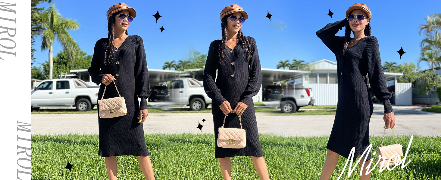 MIROL V-Neck Button Down Sweater Dress Long Sleeve Solid Knitted Pullover Sweatshirt Casual Dress... | Amazon (US)