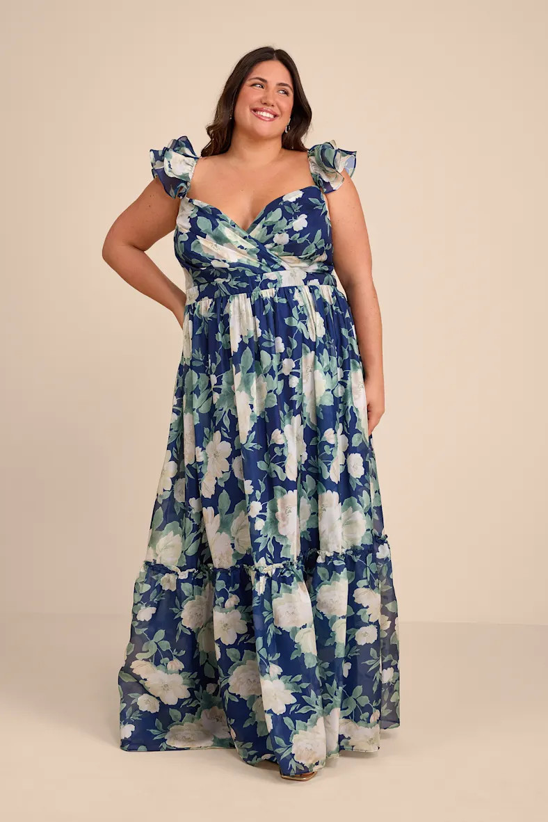 Soiree Perfection Navy Floral Ruffled Tiered Maxi Dress | Lulus