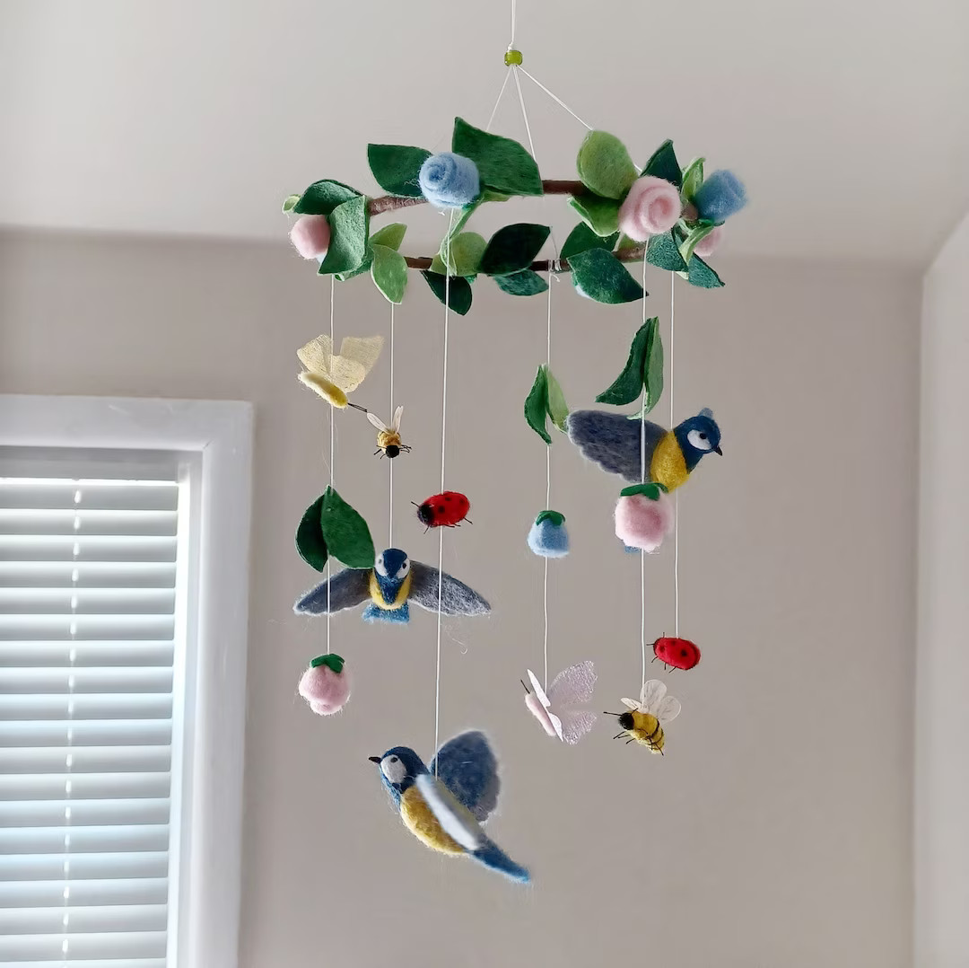 Flying bird mobile Garden baby mobile girl Woodland nursery mobile birds Felt flower bee mobile F... | Etsy (US)