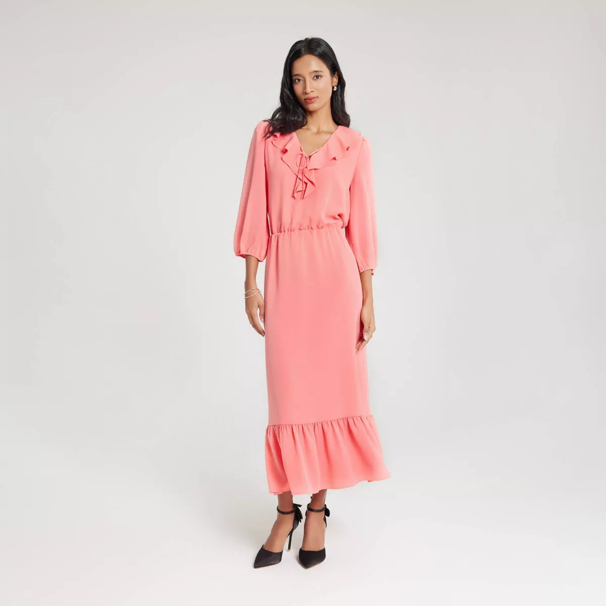 Women's Ruffled Neck Tie-Front Dress - A New Day™ Peach XL | Target