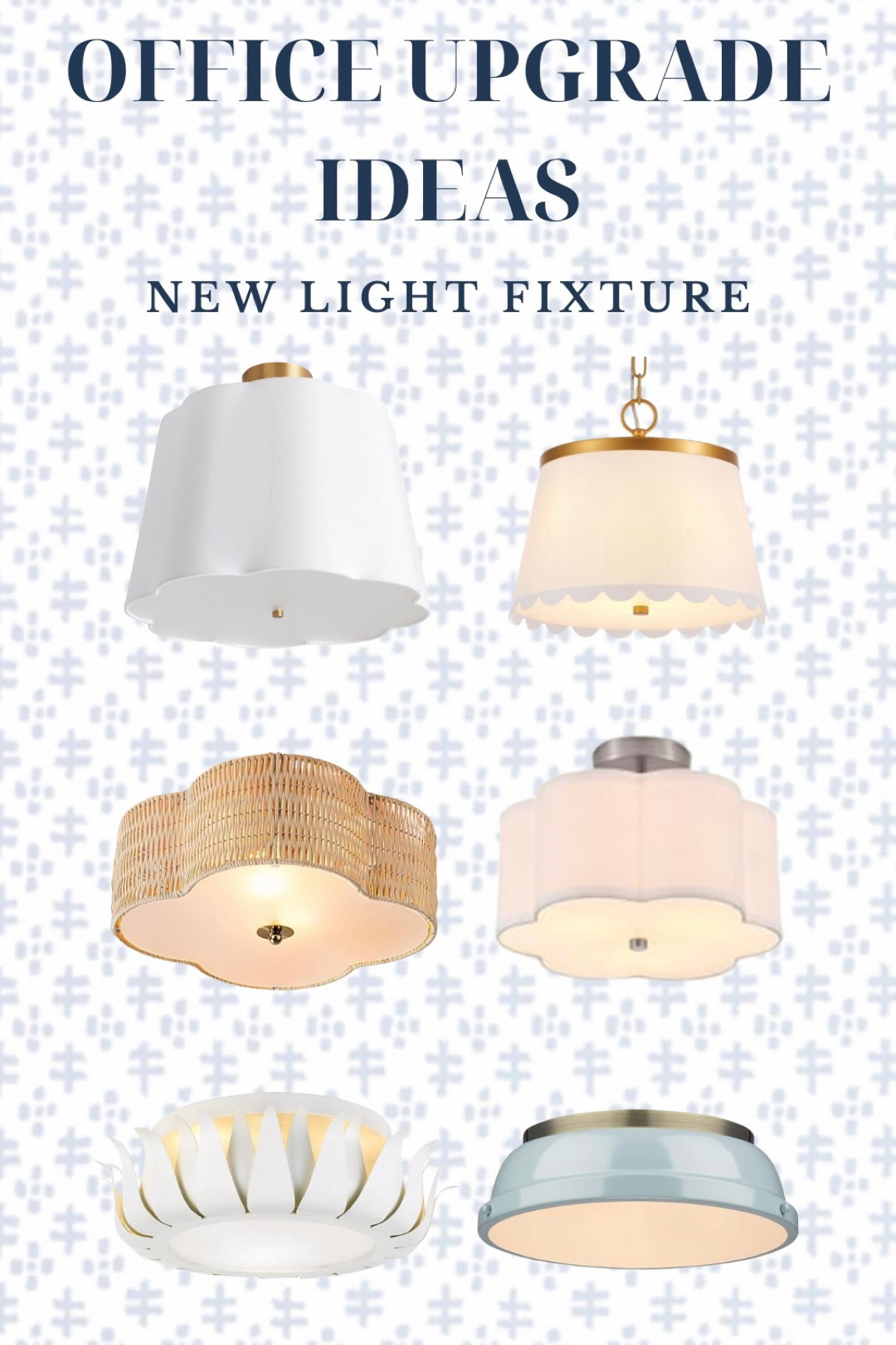 Home office upgrade ideas: new light fixtures. I can’t wait to replace the light fixture currently in the room that’s not quite my style and these options are affordable and beautiful! All are linked here aside from the top left one which is from World Market. Would love to know which you think we should choose! 

Light fixture, flush mount, rattan light fixture, pendant light, scallop chandelier, designer dupe 

#LTKhome #LTKfindsunder100