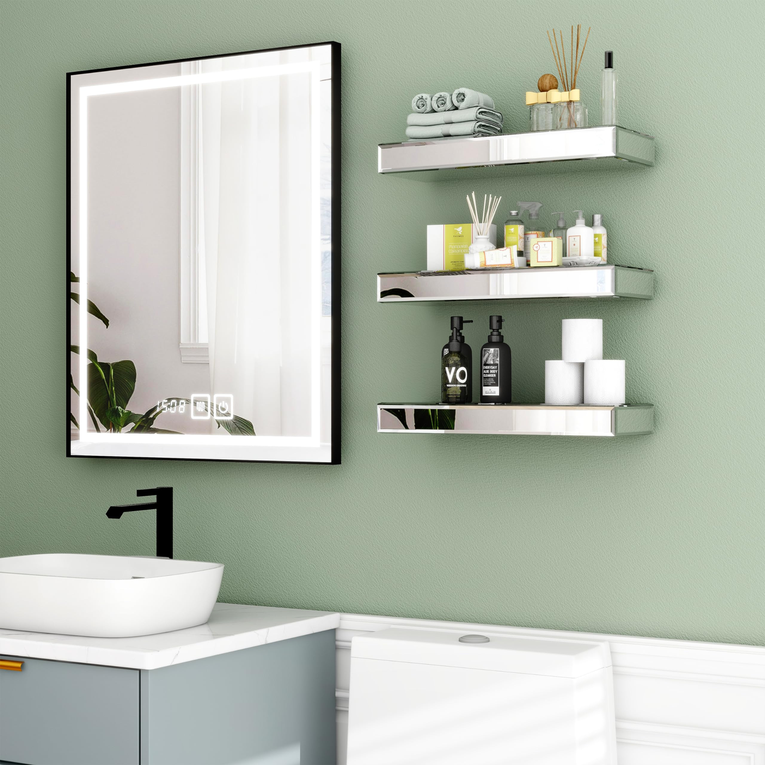 SHYFOY Mirrored Floating Shelves for Wall, Set of 3 Glass Wall Mounted Shelves for Bathroom Decor, Hanging Book Shelf for Bedroom, Living Room, Kitchen, Storage & Decoration, Silver | Amazon (US)