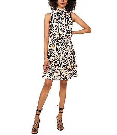 1. STATE Woven Sunflower Print Mock Neck Sleeveless Ruffle Tiered Dress - L | Dillard's