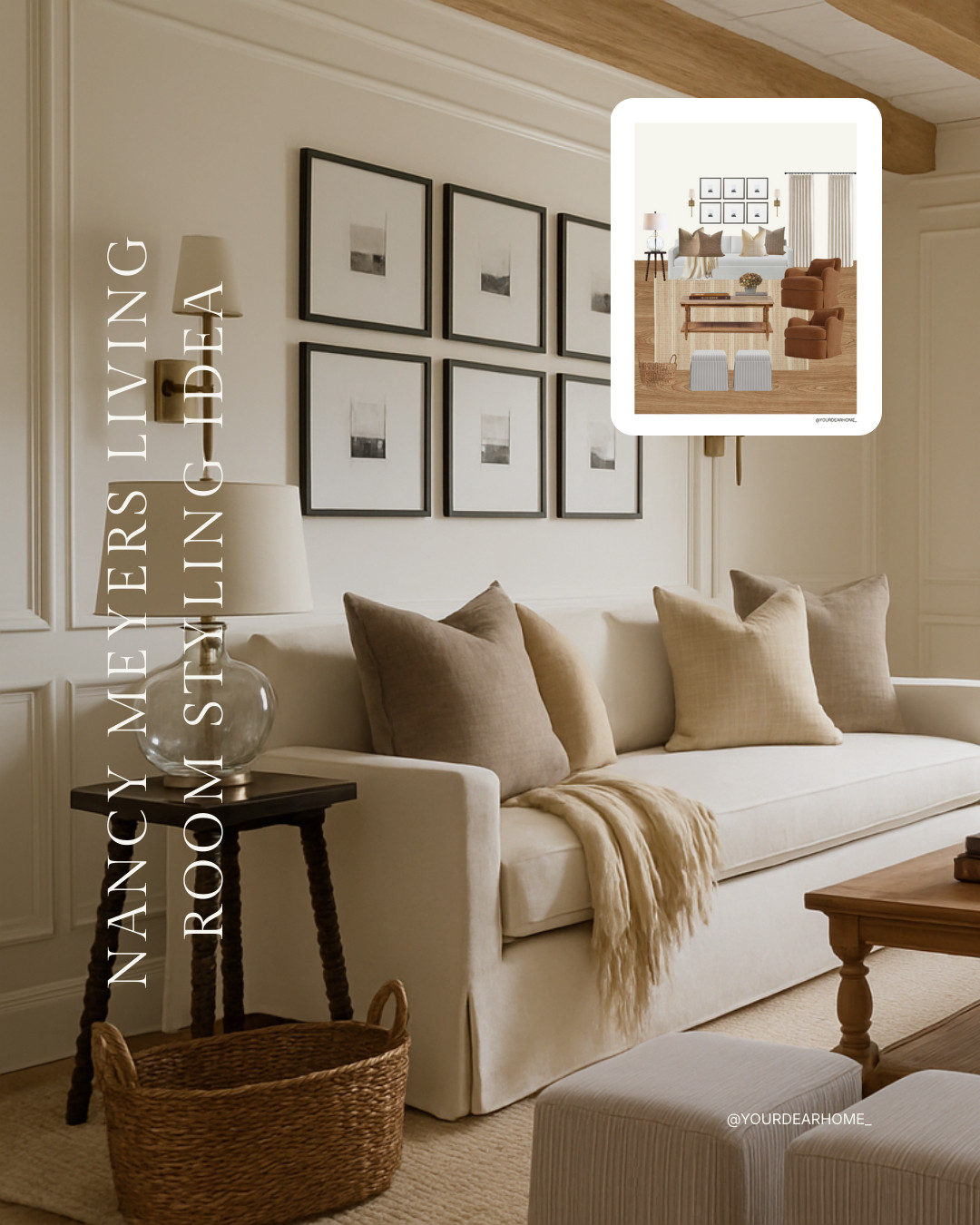 The key to achieving a true Nancy Meyers aesthetic is keeping everything natural, organic, light, and airy. Upholstered furniture, soft linen drapery, warm accent pieces, layered lighting, and just the right amount of black to ground the space.

This living room captures that look perfectly. It’s cozy, timeless, and has that effortless charm her interiors are known for 🤍 

 #LTKHome