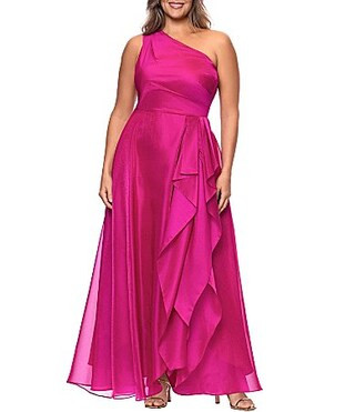 Xscape Plus Size One Shoulder Cascading Side Ruffle Organza A-Line Long Gown -  22W | Dillard's