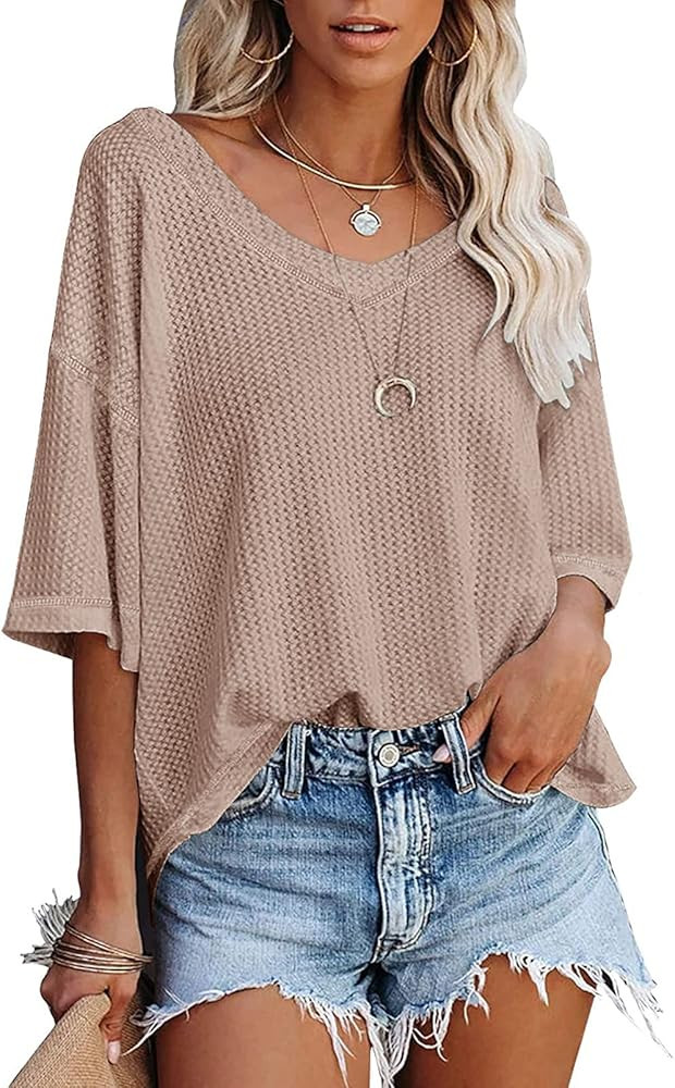 MEROKEETY Women's V Neck Batwing Half Sleeve Shirts Waffle Knit Loose Blouse Solid Color Tops | Amazon (US)