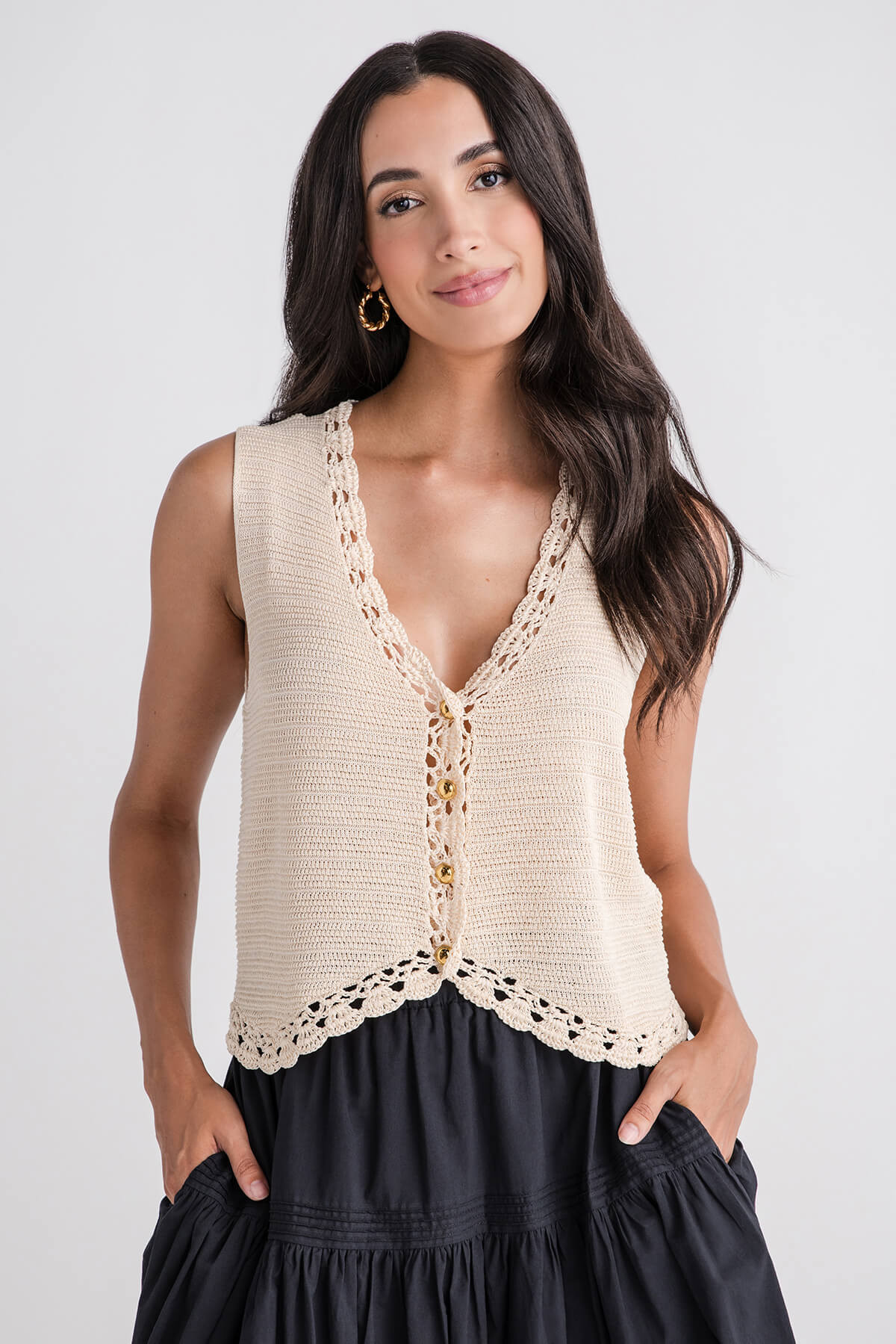 AnnieWear Crochet Trim Button Down Sweater Vest | Social Threads