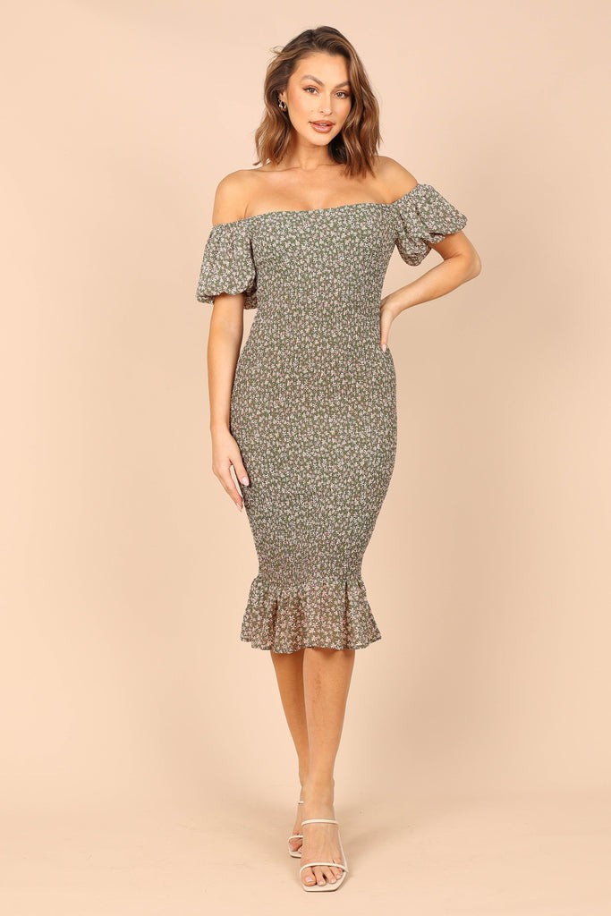 Claire Shirred Bodycon Off Shoulder Midi Dress - Green Floral | Petal & Pup (US)