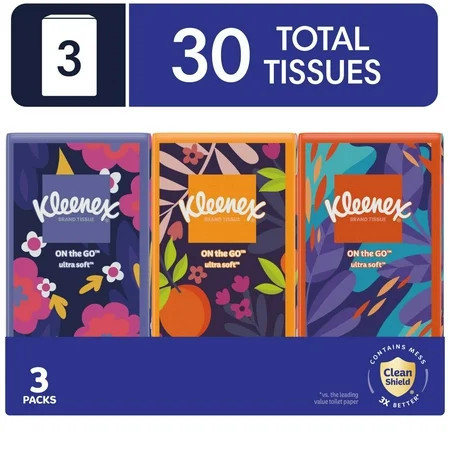 Kleenex On-The-Go Facial Tissues, 3 On-The-Go Packs, 10 Tissues per Pack, 3-Ply | Walmart (US)