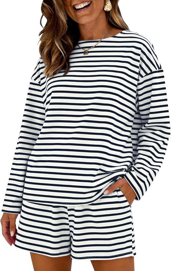 PEHMEA Women's 2 Piece Striped Short Sets Cotton Long Sleeve Tops Shorts Matching Outfits Soft Su... | Amazon (US)