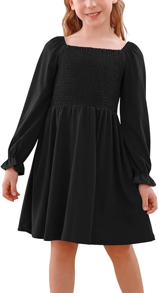 GORLYA Girls Puff Sleeve Square Neck Boho Frilly Smocked Shirred Flared Midi Dress 4-14T | Amazon (US)