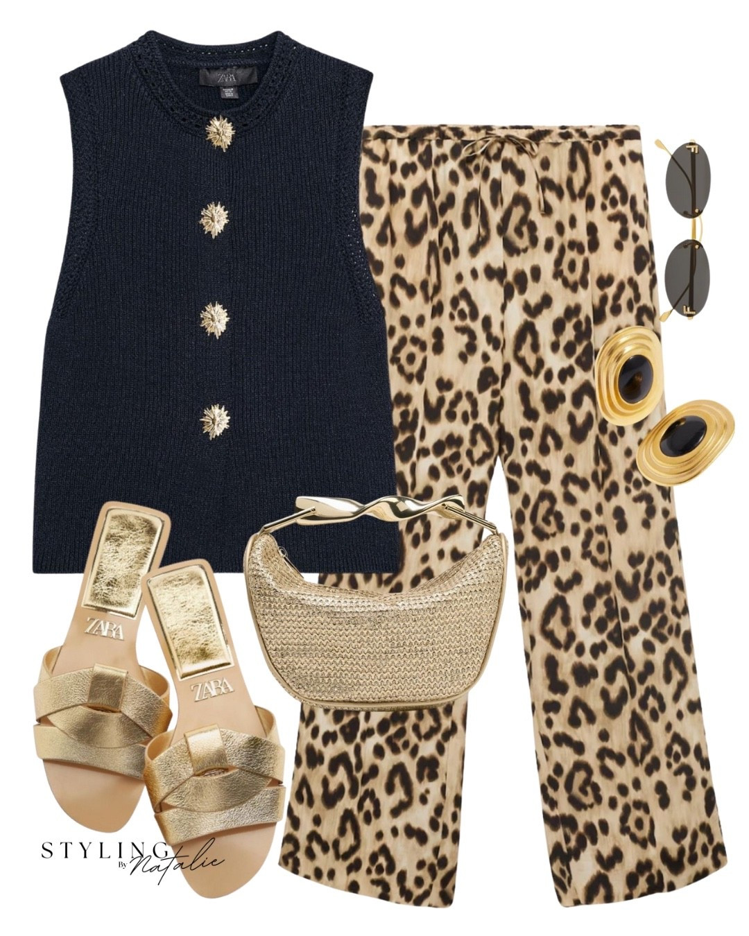 Knit waistcoat, leopard print drawstring trousers, gold handle raffia bag, gold slides, stud earrings and fendi sunglasses, animal print, summer outfit, casual chic, pull on pants, comfy chic, vacation look 

#LTKstyletip #LTKuk #LTKsummer