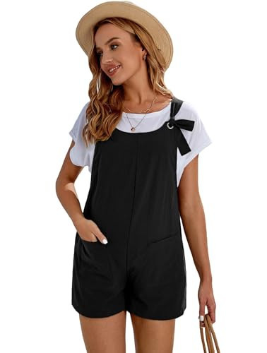 OYOANGLE Women's Casual Overall Shorts Strap Short Romper Jumpsuit with Pockets Black Plain Color M | Amazon (US)