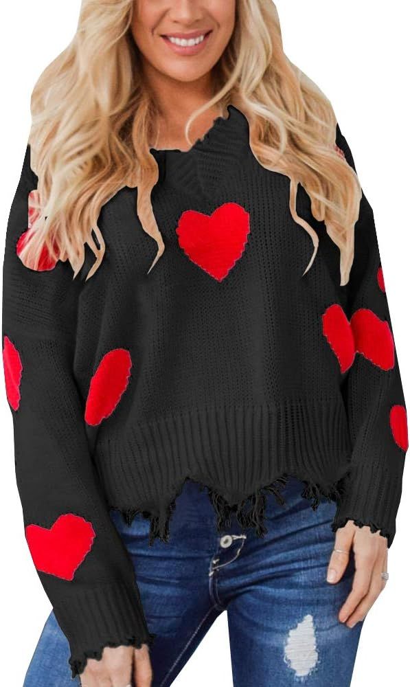 Women's Heart Pattern Ripped Sweater V Neck Distressed Knit Pullover Jumper Top | Amazon (US)