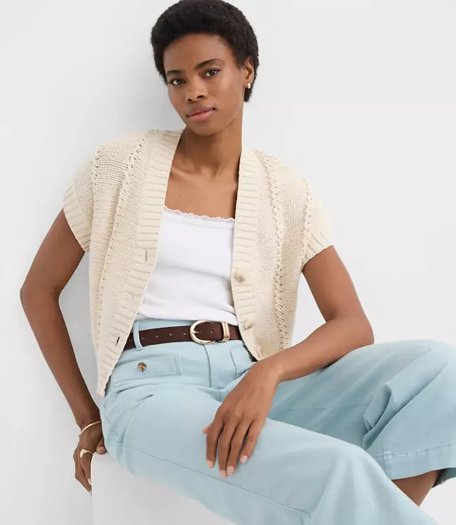 Petite Pointelle Textured Short Sleeve Cardigan | LOFT