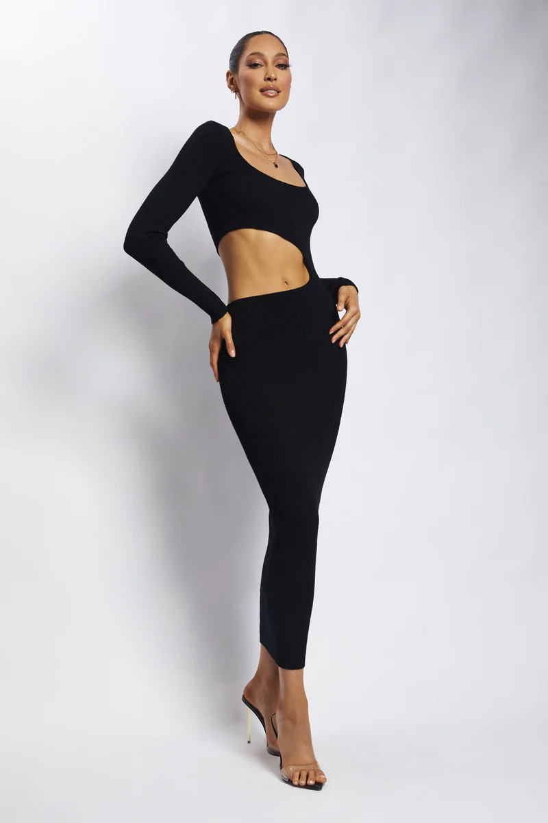 Gaia Cut Out Asymmetric Knitted Midi Dress - Black | MESHKI US